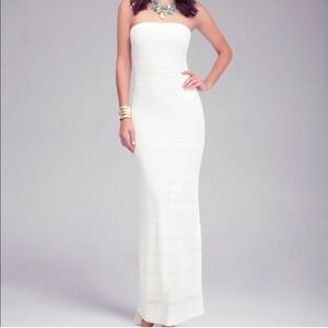 Bebe White Strapless bodycon fitted knit overlay stretchy Maxi Dress